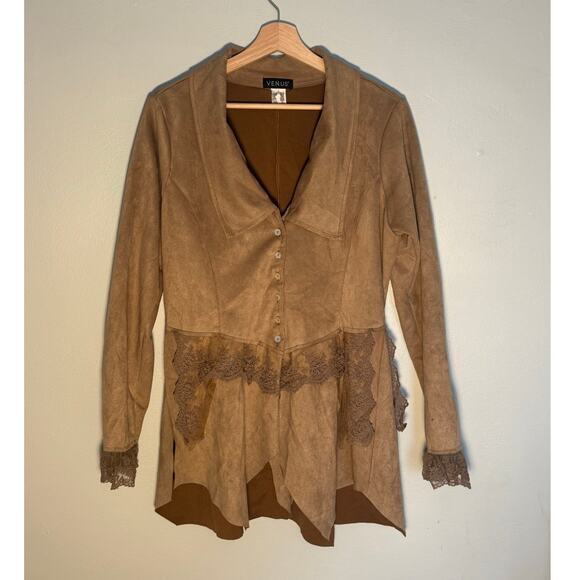 Venus Women's M Brown Suede Lace Mother of Pearl Button Jacket - Picture 1 of 7